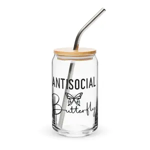 Can-shaped Glassware Anti Social Butterfly Graphic