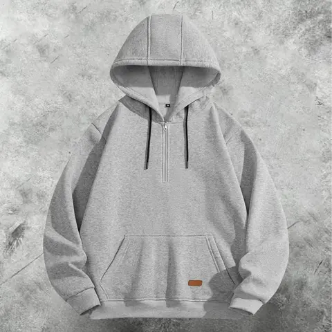 Men's Hooded Long Sleeve Half-Zip Pullover Sweatshirt, Polyester Loose-Fitting Comfy Top with Large Pocket, Great for Casual Outings, Menswear Plain Top
