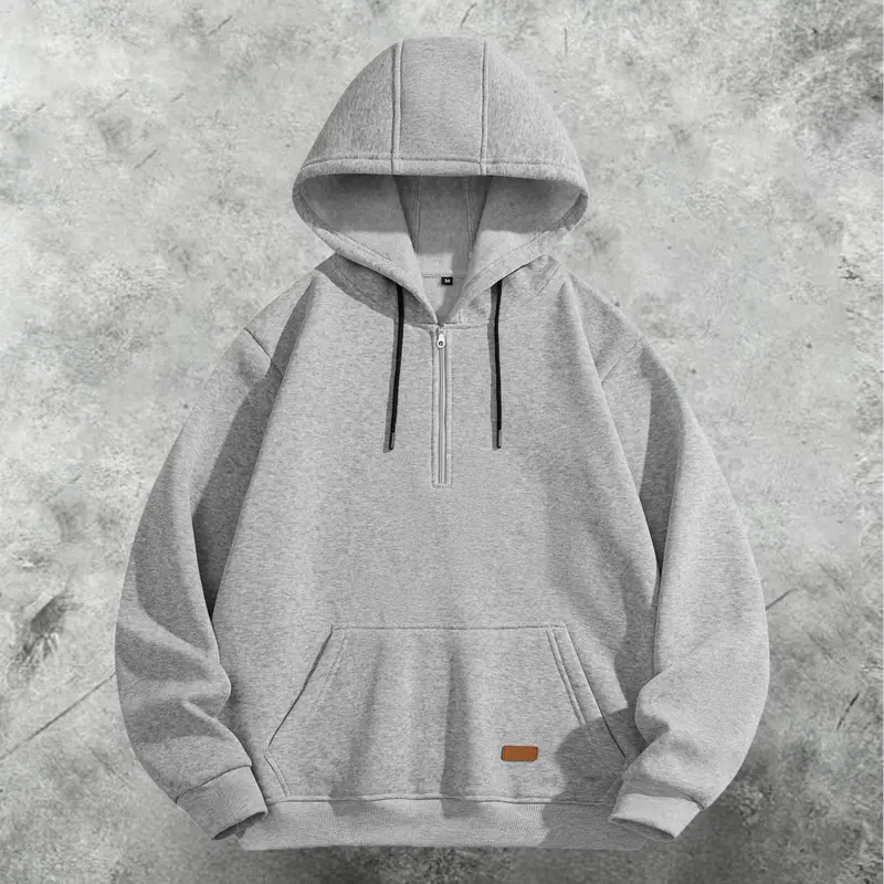 Men's Hooded Long Sleeve Half-Zip Pullover Sweatshirt, Polyester Loose-Fitting Comfy Top with Large Pocket, Great for Casual Outings, Menswear Plain Top