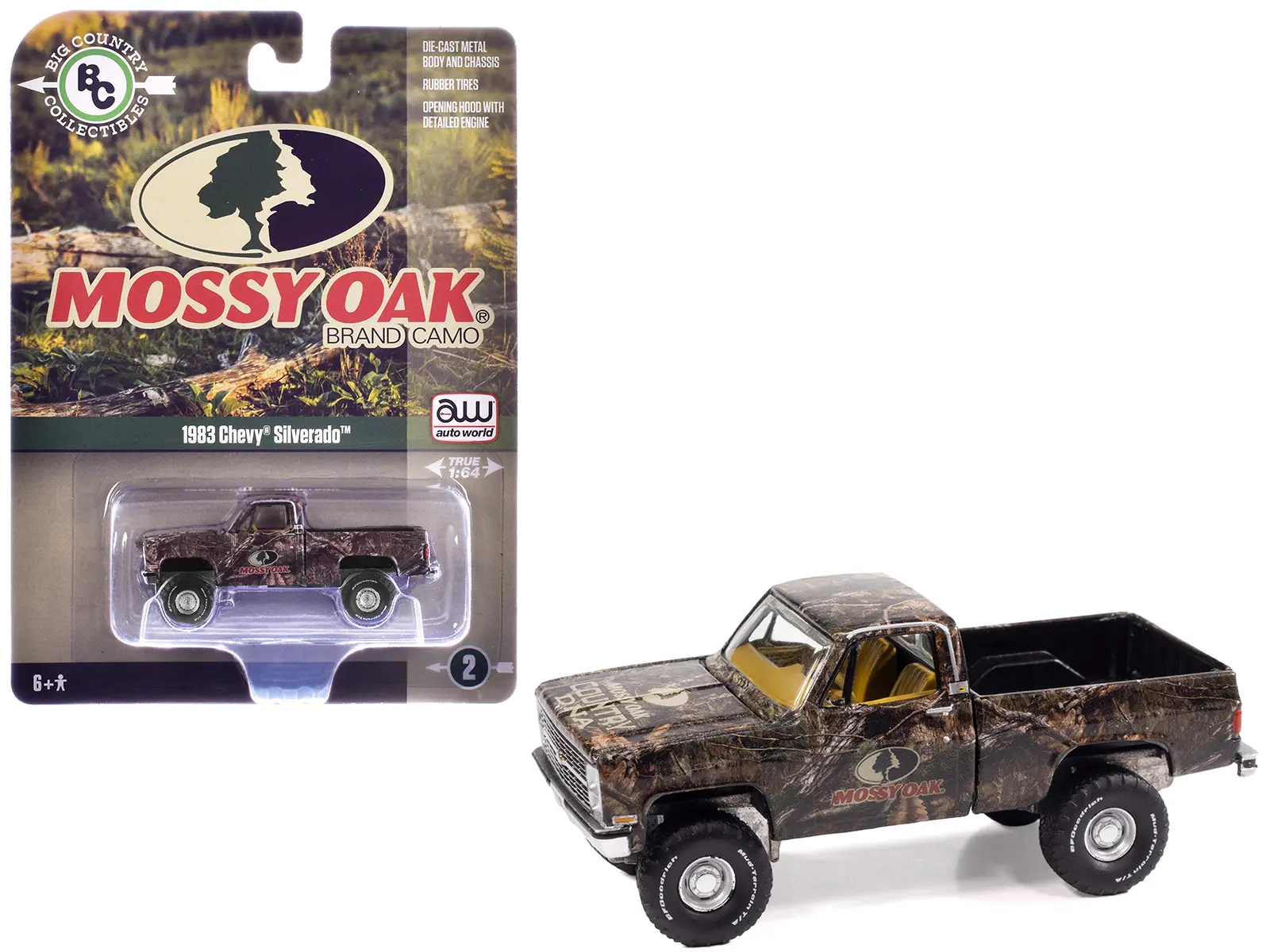 1983 Chevrolet Silverado Truck "Mossy Oak" Camouflage Livery "Big Country Collectibles" 1/64 Diecast Model Car by Auto World