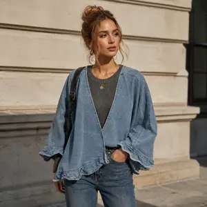 Women's Vintage Denim Jacket - Flowy Ruffle Hem, Bell Sleeves - Womenswear for Curvy Women - Blue, Perfect for Brunch, Casual Fridays
