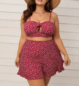 Women's 2 Piece Floral Swimsuit Set - Slimming Cutout V-Neck Tankini with Ruffled Skirt, Plus Size Bathing Suit