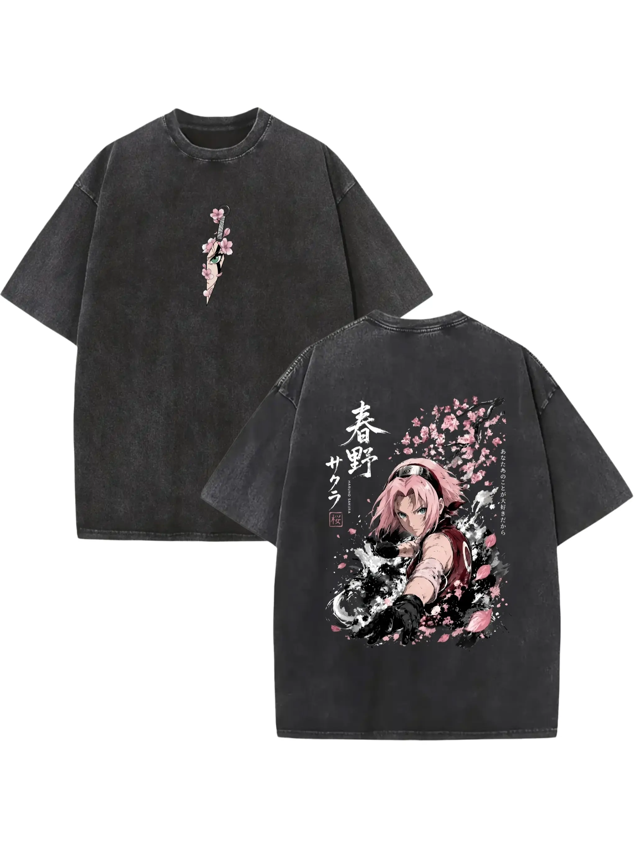 Men's Sakura Haruno Graphic Tee, Retro Vintage Baggy Round Neck Top in Heavyweight Acid Washed Cotton, Japanese Streetwear, Loose Fit, Graphic Print Casual Aesthetic