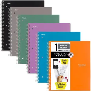 Five Star Spiral Notebook + Study App, 6, 1 Subject, Graph Ruled Paper, 81/2" x 11", 100 Sheets, Fights Ink Bleed, Water Resistant Cover, Purple, Orange, Green, Blue, Gray, Black (73549)