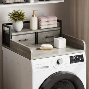 54" Wooden Laundry Countertop Organizer | Modern Washer Dryer Topper with 2 Drawers, 2-Tier Shelf and Non-Slip Pad
