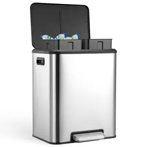 8 Gallon Kitchen Trash Can Hands-Free Recycle Trash Can with Dual Removable Liners Stainless Steel Dual Kitchen Step Trash Can (4 + 4 for 8 Gallon Total) Silver Bin