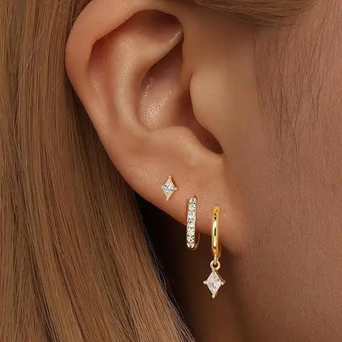 JEYFULL Women's 3-Pair Mix Match Nickel-Free Metal Brass Golden Huggie Style Earrings Set - 13g Dainty Studs, Small Layered Hypoallergenic Dangles, Cartilage Hoops, Cubic Zirconia Fashion Jewelry, Anniversary Gift for Adults