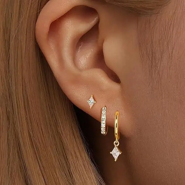 JEYFULL Women's 3-Pair Mix Match Nickel-Free Metal Brass Golden Huggie Style Earrings Set - 13g Dainty Studs, Small Layered Hypoallergenic Dangles, Cartilage Hoops, Cubic Zirconia Fashion Jewelry, Anniversary Gift for Adults