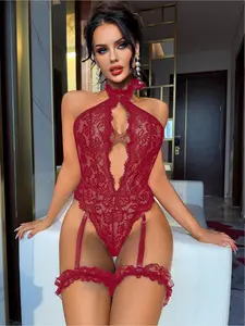 Lace Women's Bodysuit, Classic Sexy One-Piece Lingerie, No Underwire, 3-Piece Set [Bodysuit + 2 Leg Garters] sneaky lingerie clothes for women Lady Womenswear