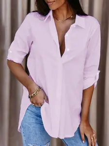 Women's Casual V-Neck Solid Color Shirt Blouse, Stylish Ladies' Top for Everyday Wear, Comfortable, Soft and Versatile Clothing Option, Womenswear