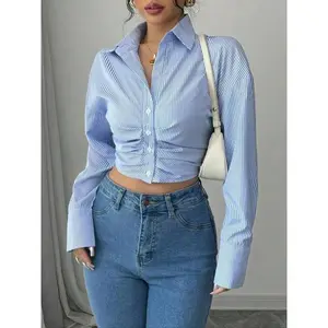 Women’s striped print shirt with a curved hem, spring and autumn casual roll-up sleeves button-front top, everyday wear for women