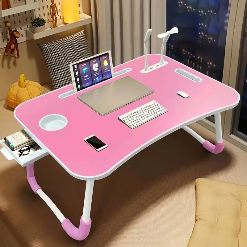 Laptop Bed Desk, Folding Lap Desk with 4 USB Ports, Wind Fan, LED Light, Cup Holder and Side Drawer for Working, Reading, Writing, Eating on Bed, Sofa