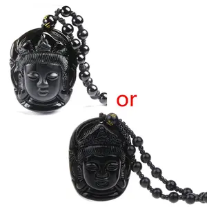 Natural Obsidian Buddha for Head Amitabha Pendant Necklace Xmas