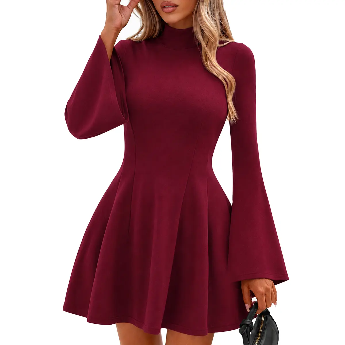 Florboom Women's Mock Neck Knit Mini Dress, Long Bell Sleeve, Fit and Flare Swing Dress with Pockets, Elegant A-Line Skater Dress for Christmas Holiday Party Date Night Fall Winter Outfit