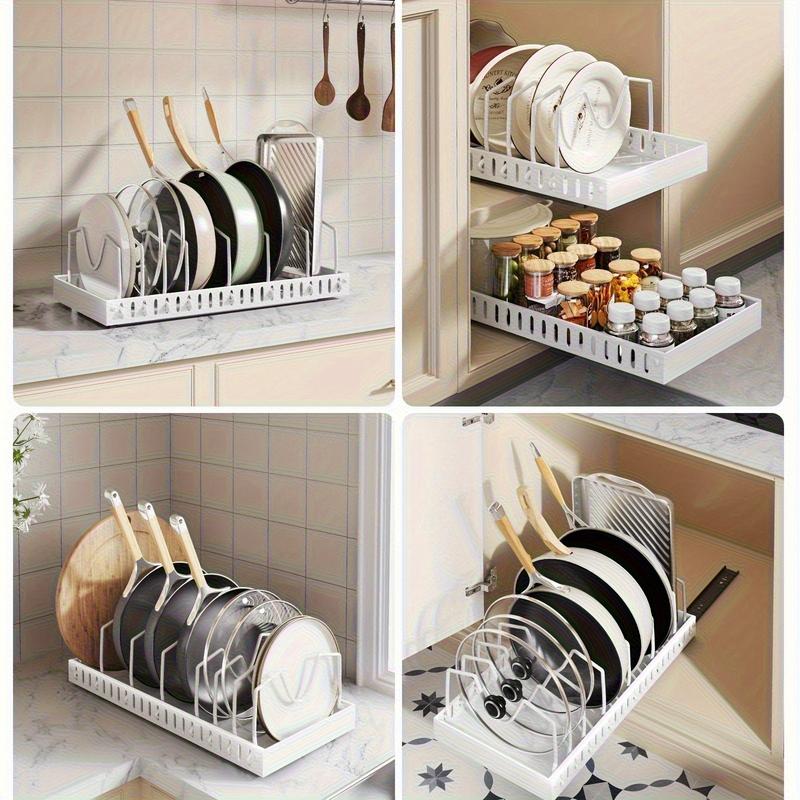 Adjustable Pull-Out Drawer Organizer, Adjustable Dividers, Expandable Kitchen and Bathroom Storage Cabinet with Adhesive, Easy Installation, Space-Saving Sliding Shelves