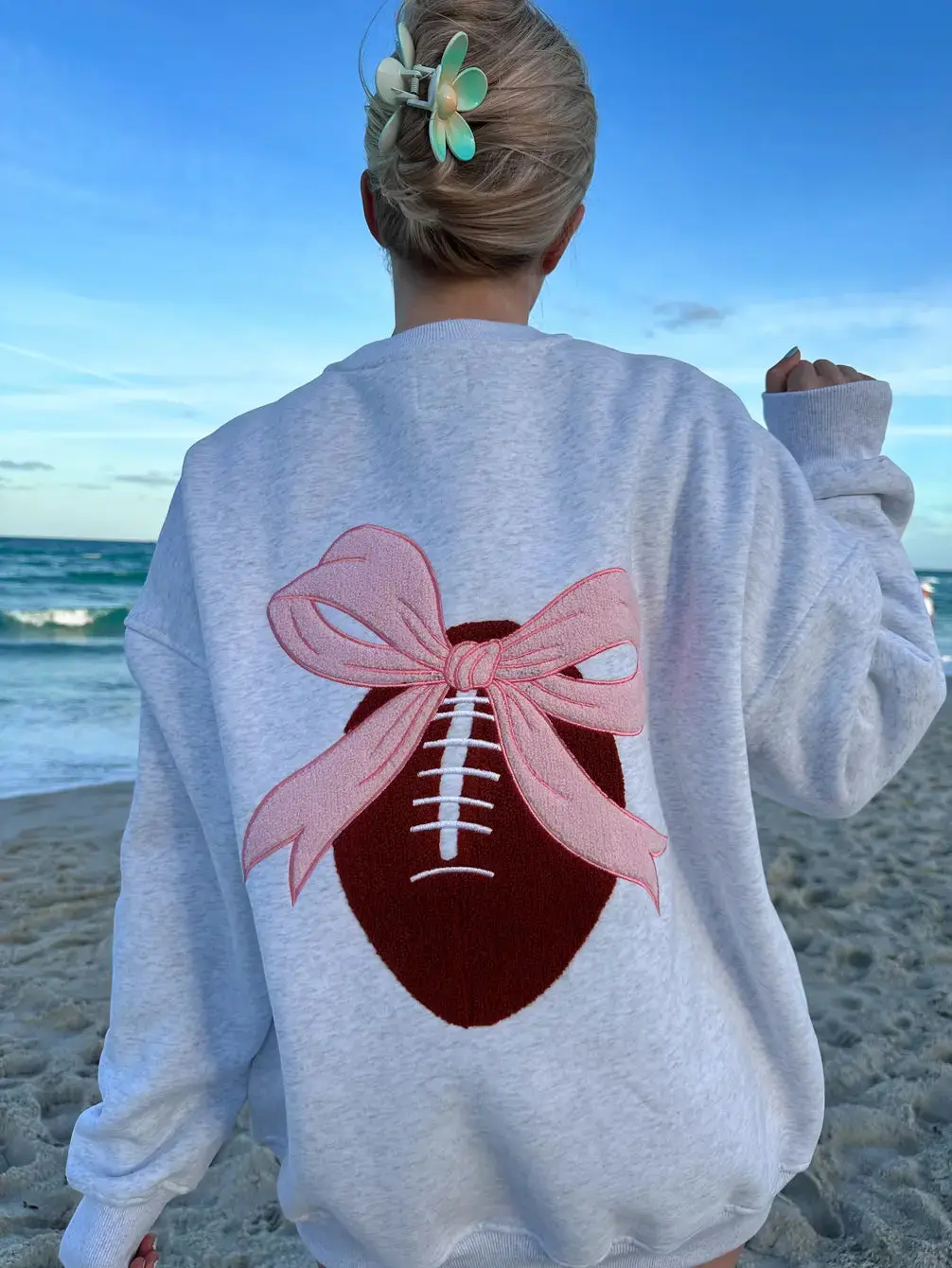 Pearl Grey Pink Bow Football Game Day Embroider Sweatshirt