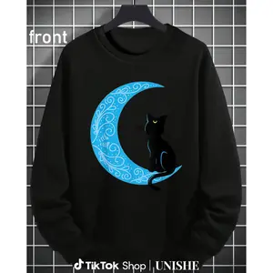 Unisex Black Cat Crescent Moon Sailor Mom Long Sleeve Cotton Sweatshirt