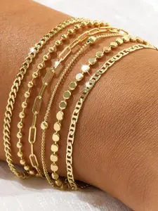 Gold Bracelets Set for Women, Stackable Bracelet Stack Set Non Tarnish Dainty Beaded Bracelets Round Bead Ball Pearl Paperclip Rhinestone Cuban Link Layered Waterproof Jewelry Sets Gifts for Womens Elegant Minimalist Bangle