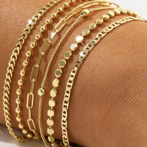 Gold Bracelets Set for Women, Stacking Bangles, Stackable Bracelet Set Non Tarnish Dainty Beaded Bracelets Round Bead Ball Pearl Paperclip Rhinestone Cuban Link Layered Waterproof Jewelry Sets Trendy Stack Bangle Gifts for Womens Bangle