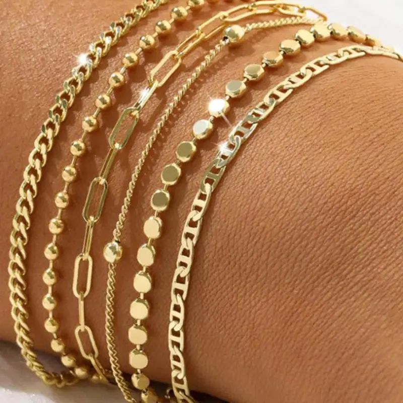 Gold Bracelets Set for Women, Stacking Bangles, Stackable Bracelet Set Non Tarnish Dainty Beaded Bracelets Round Bead Ball Pearl Paperclip Rhinestone Cuban Link Layered Waterproof Jewelry Sets Trendy Stack Bangle Gifts for Womens Bangle