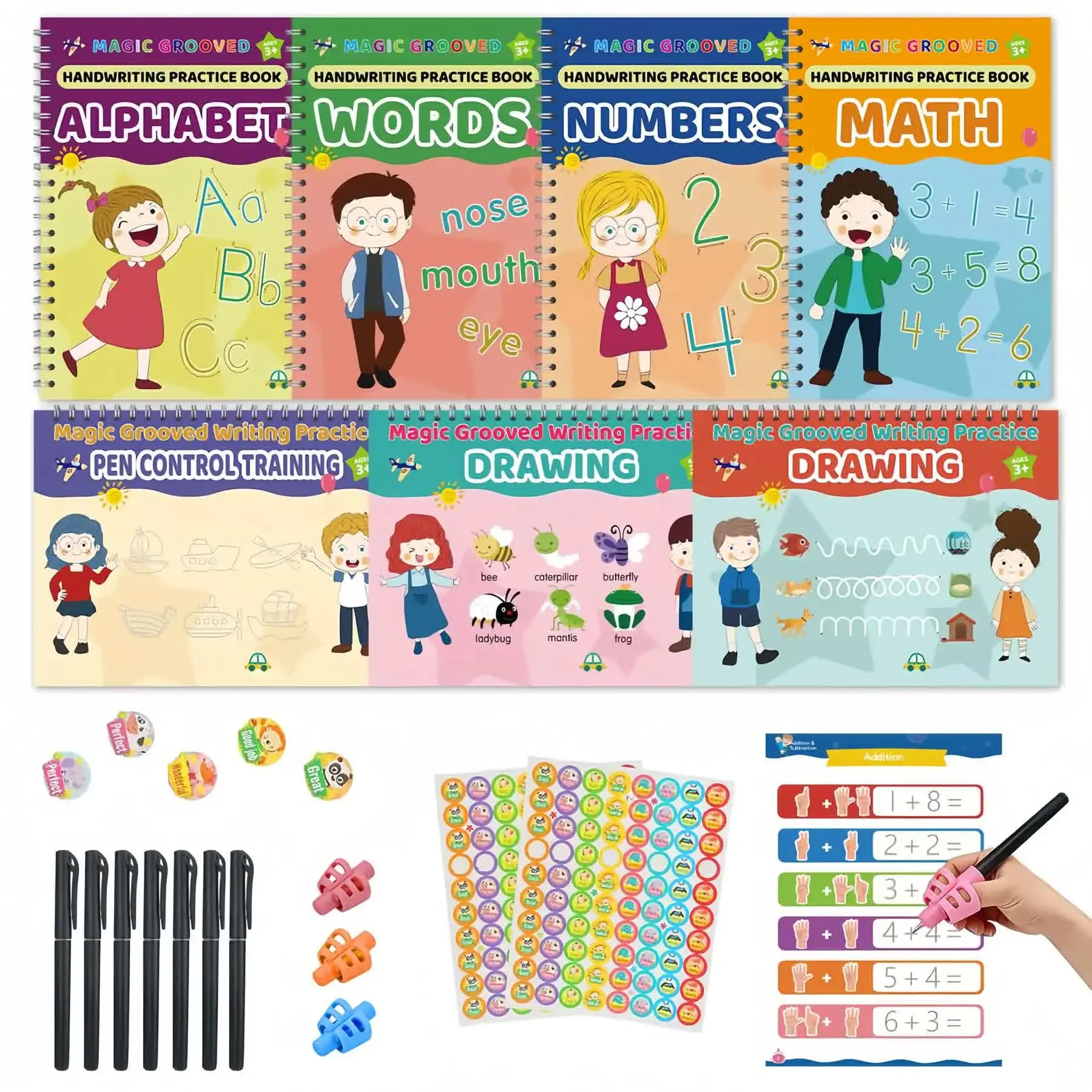 Magic Grooved Handwriting Book Set for Kids Ages 3-8, Reusable 3D Groove Interactive Book Maths Toys with Disappearing Ink, 6 Copybooks (Numbers, Letters, Math, Drawing Practice, Counting Games) + Pens & Refills