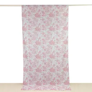 French Toile Backdrop Curtain – 5ft x 10ft Polyester Drape Panel, Pink Floral, Rod Pocket Design