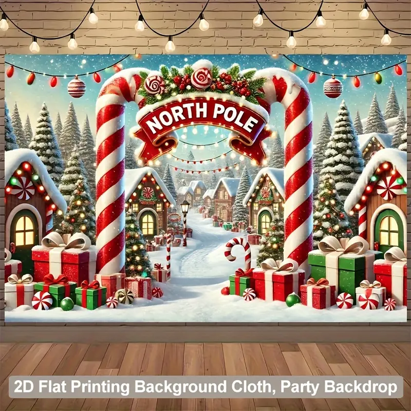 1pc North Pole Christmas Scene Polyester Backdrop Cloth Banner - 2D Flat Printing, Snowy Village, Candy Cane Arches, Gift Boxes - Party Decoration Supplies for Living Room, Outdoor Use,summerwins