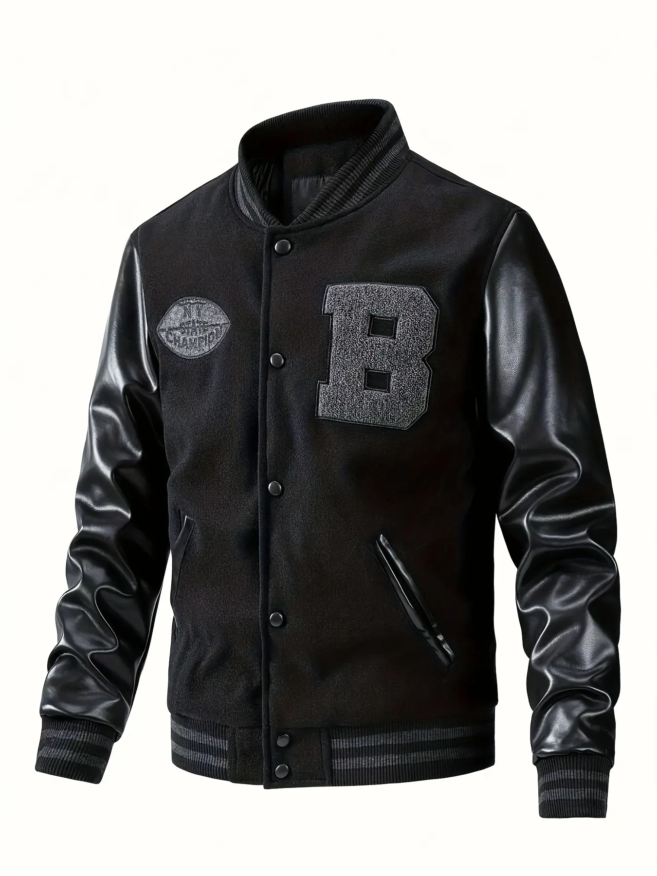 Men's Black Premium Embroidered Letter Print Polyester Leather Baseball Jacket - Hangable, Long-Sleeve, Patchwork Streetwear, Outdoor Wear, Hip-Hop Motorcycle Retro Casual Menswear Coat