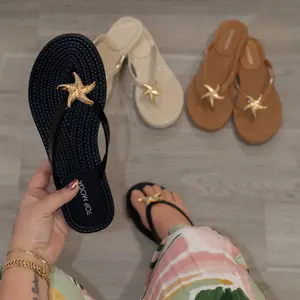 Nina - Women's Flip Flop Thong Flat Sandals in Rubber Sole with Non-Slip Pattern Gold-Tone Starfish Charm Comfortable Beachwear