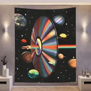 Space and CD Disc Design Durable Decorative Tapestry, Aesthetic Wall Hanging Decor, Polyester Tapestry for Bedroom Home Office Decor, with Free Installation Package