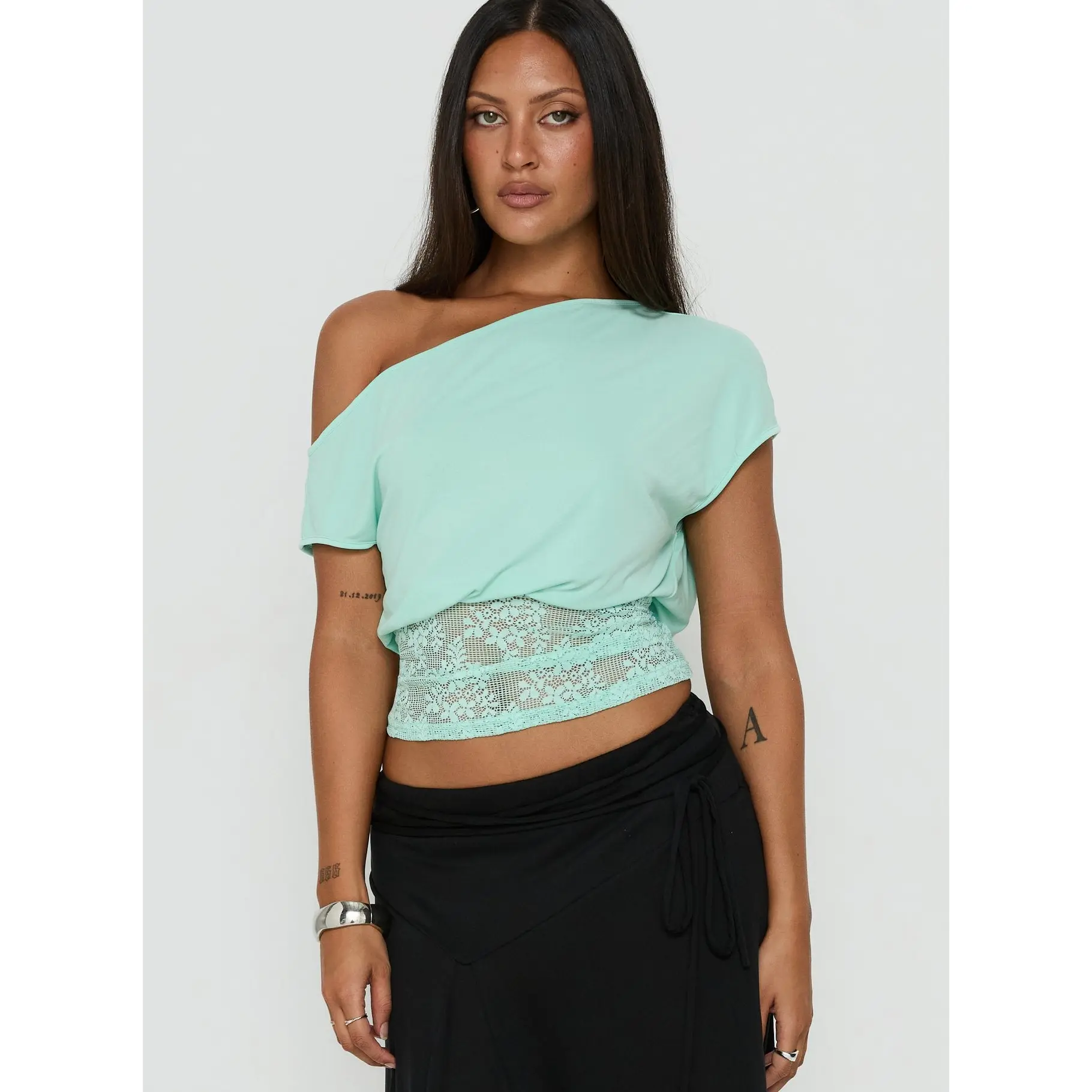 Marienna One Shoulder Lace Top Turquoise