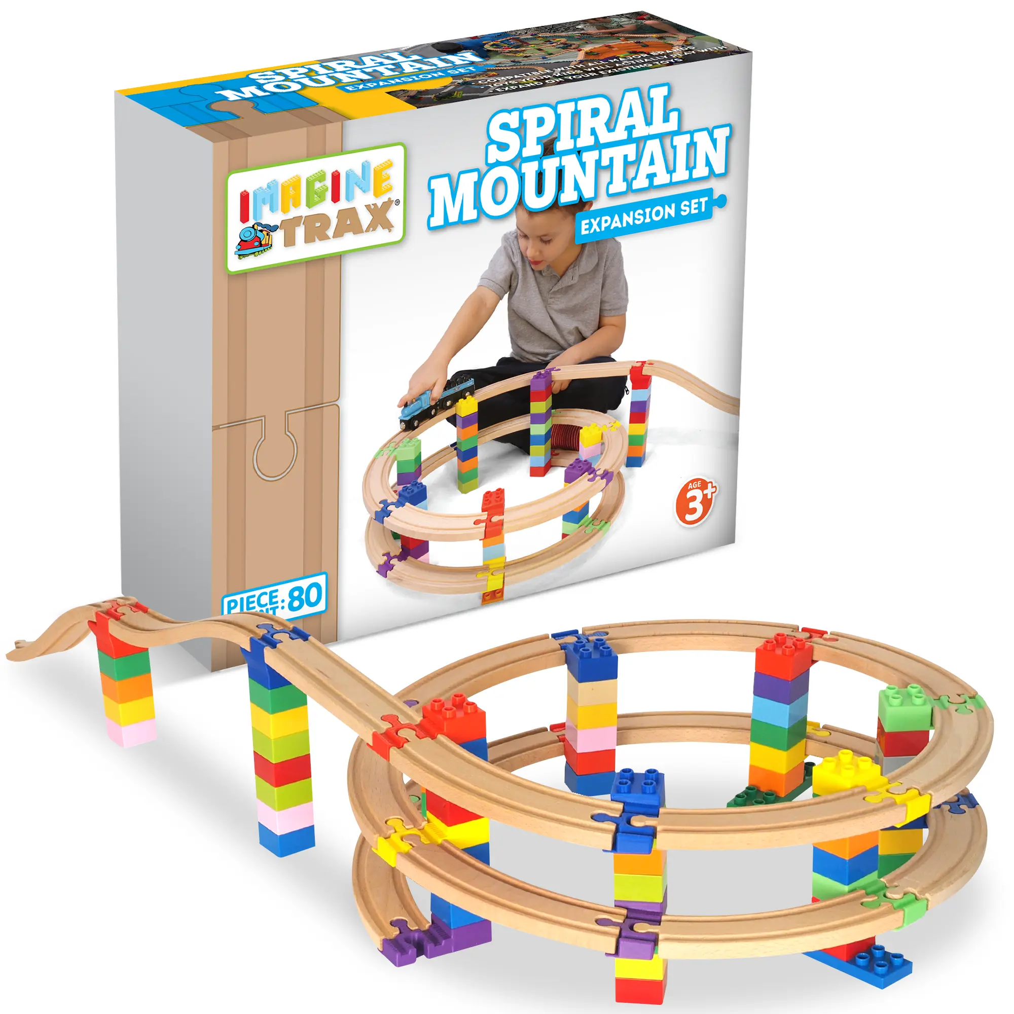 Spiral Mountain Expansion Set for Wooden Train Track - Elevate Your Track Building Adventure with 80 Pieces Including Special Connectors, Wooden Track, and Colorful Blocks 8.5" Tall