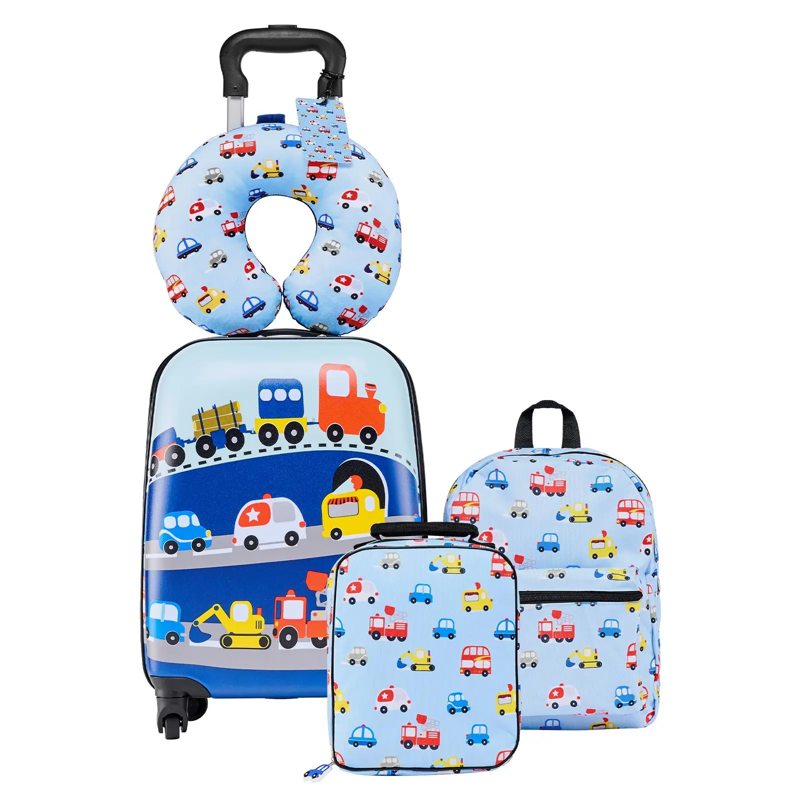 【SummerFinds】VEVOR Kids Luggage Set, 5 Piece, 18 Inch Hardside Rolling Wheels Suitcase with Backpack & U-shape Pillow, Truck Kids Carry on Luggage Set, Holiday Birthday Gift for Girls Boys, Airline Approved