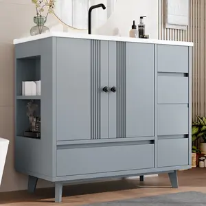 Eyisean 36" Modern Bathroom Vanity with Sink Combo, Durable Wooden Cabinet with 4 Drawers & Side Rack, Freestanding Single Vanity Set - Ceramic Basin & Storage Space, Easy Assembly