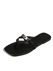 Women Minimalist Square Toe Flat Flip Flops with Metal Buckle - Black & White for Daily Casual & Summer Beach Wear