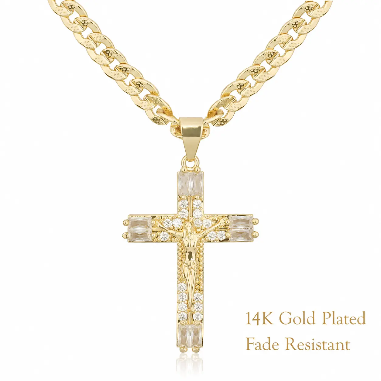 TANTIUE Cross Necklace Pendant with 14K Gold Cuban Chain, Stylish Men's Necklace Iced Out Hip Hop for Women Bling Rap Style Couple Jewelry Music Events Hip Hop Fashion Statement Looks Gifts For Him Or Her campingessentials backtoschool