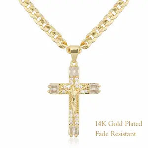 TANTIUE Cross Necklace Pendant with 14K Gold Cuban Chain, Stylish Men's Necklace Iced Out Hip Hop for Women Bling Rap Style Couple Jewelry Music Events Hip Hop Fashion