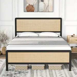 Boho Style Full Bed Frame with Rattan Headboard, Platform Bed Frame with Strong Metal Slat Support,No Box Spring Needed,Black & Oak