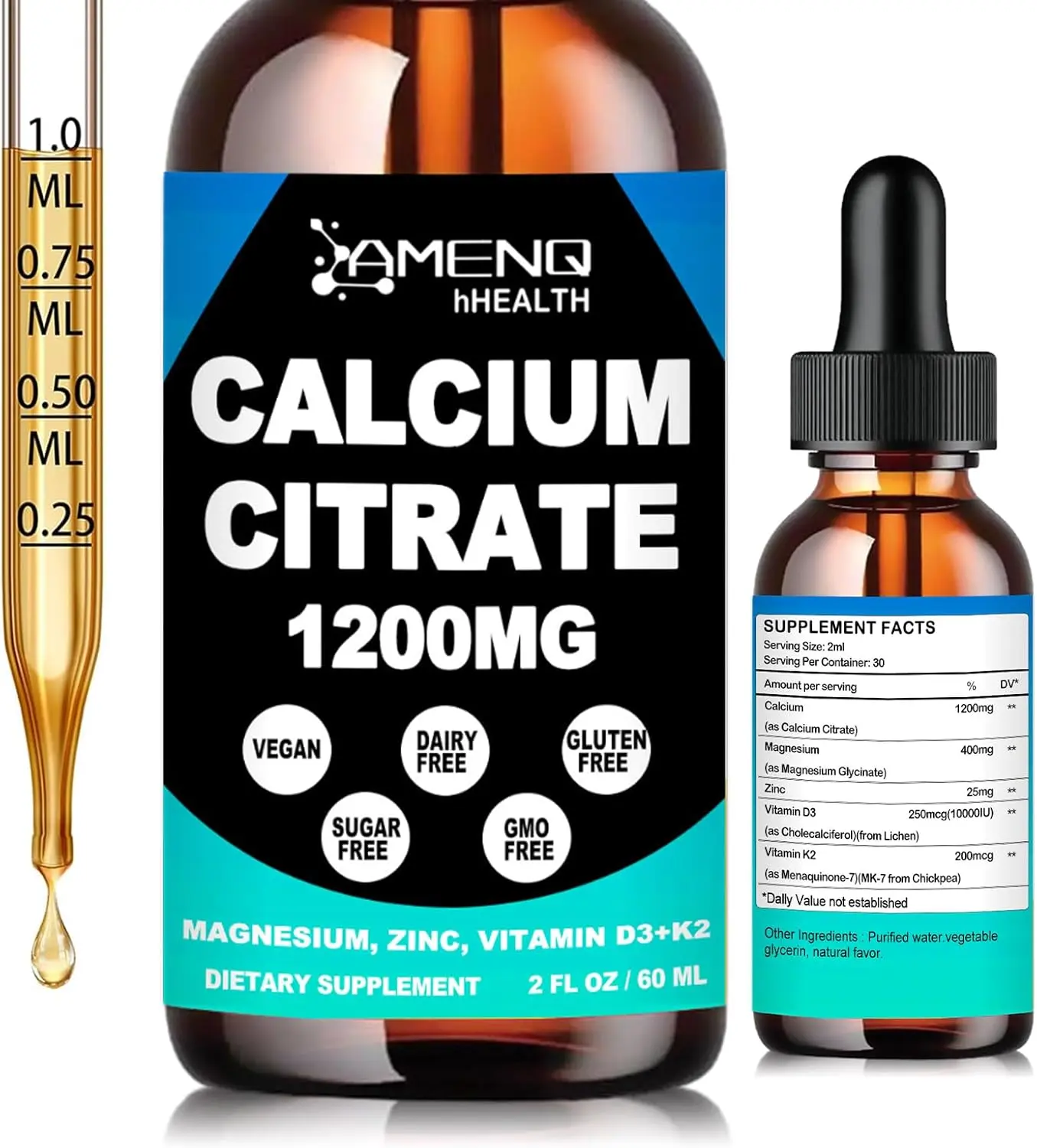 Calcium Citrate 1200 mg with Vitamin D3 K2 Liquid Drops for Bone, Teeth Health Support - High Absorption Liquid Calcium Magnesium Zinc D3 Supplement for Women & Men, Vegan, Sugar-Free, Non-GMO