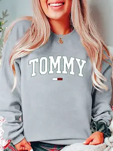 Tommy Pattern Print Long Sleeve Casual Loose Fit Pullover Sweater for Women, Fall & Winter Round Neck Fitted Style