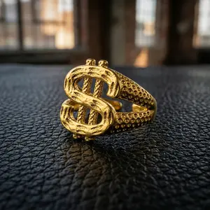 Gold Tone Dollar Sign Adjustable Open Ring | Hip Hop Money Symbol Statement Ring for Men & Women, Gold Rings, Gold-Tone Statement Rings