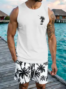 Men's Summer 2-Piece Set, Tropical Coconut Tree Print Round Neck Sleeveless T-Shirt + Casual Drawstring Shorts, Breathable Outdoor Wear