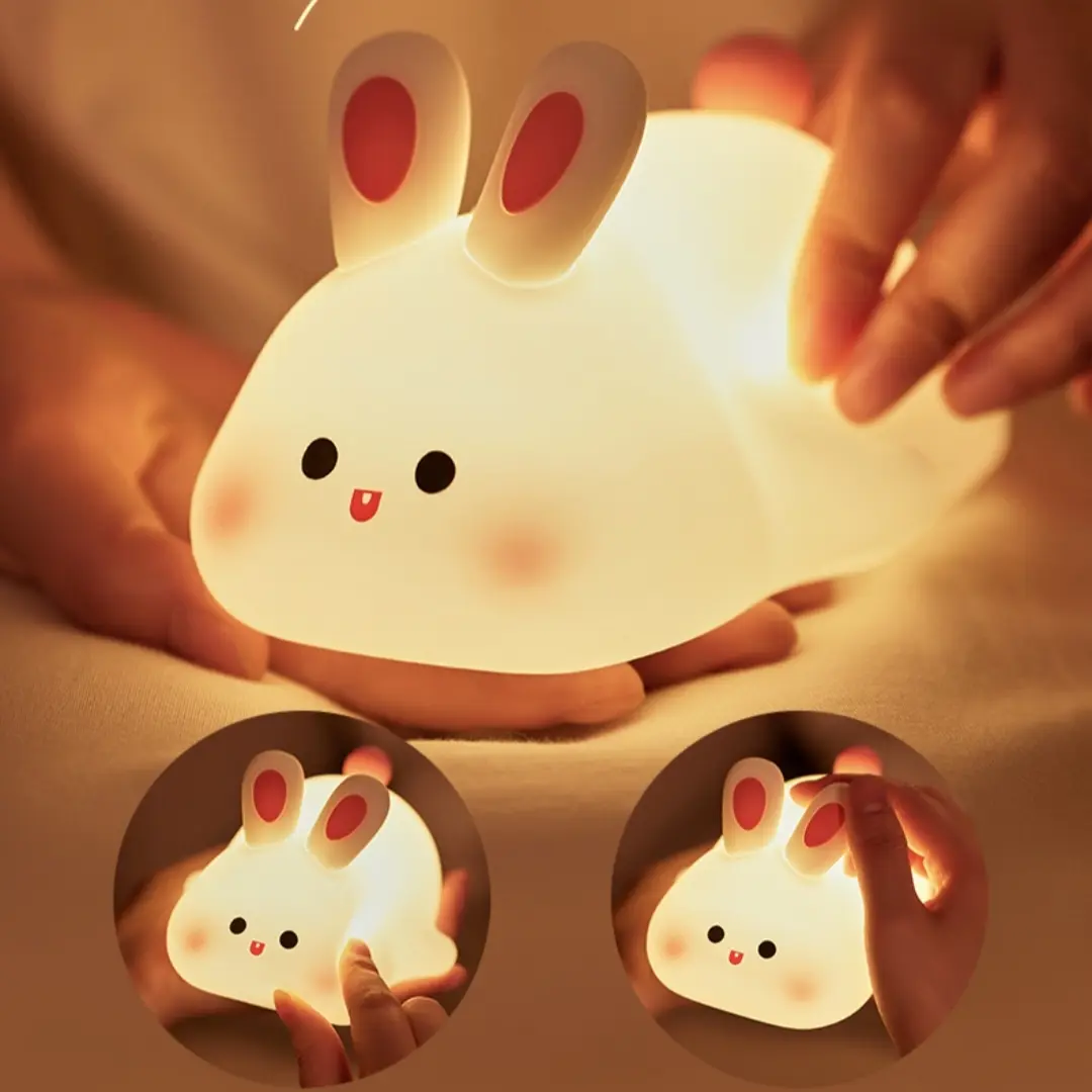 Cute Big Face Rabbit Baby Night Light BPA-Free Silicone Nursery Lamp Touch Control Dimmable Sleep Aid with Timer USB Rechargeable Portable Night Feeding Light for Breastfeeding Moms Multi-Color Eye-Care Kids Room Lamp for Boys Girls Gift