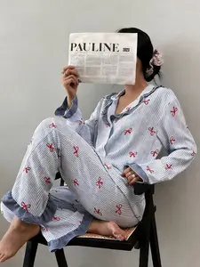 Women's 2-Piece Sleepwear Set Loungewear, Sweet Casual Home Clothes, Long Sleeve Pajamas with Bow Pants, Pocket Design, Striped Pattern, All Seasons