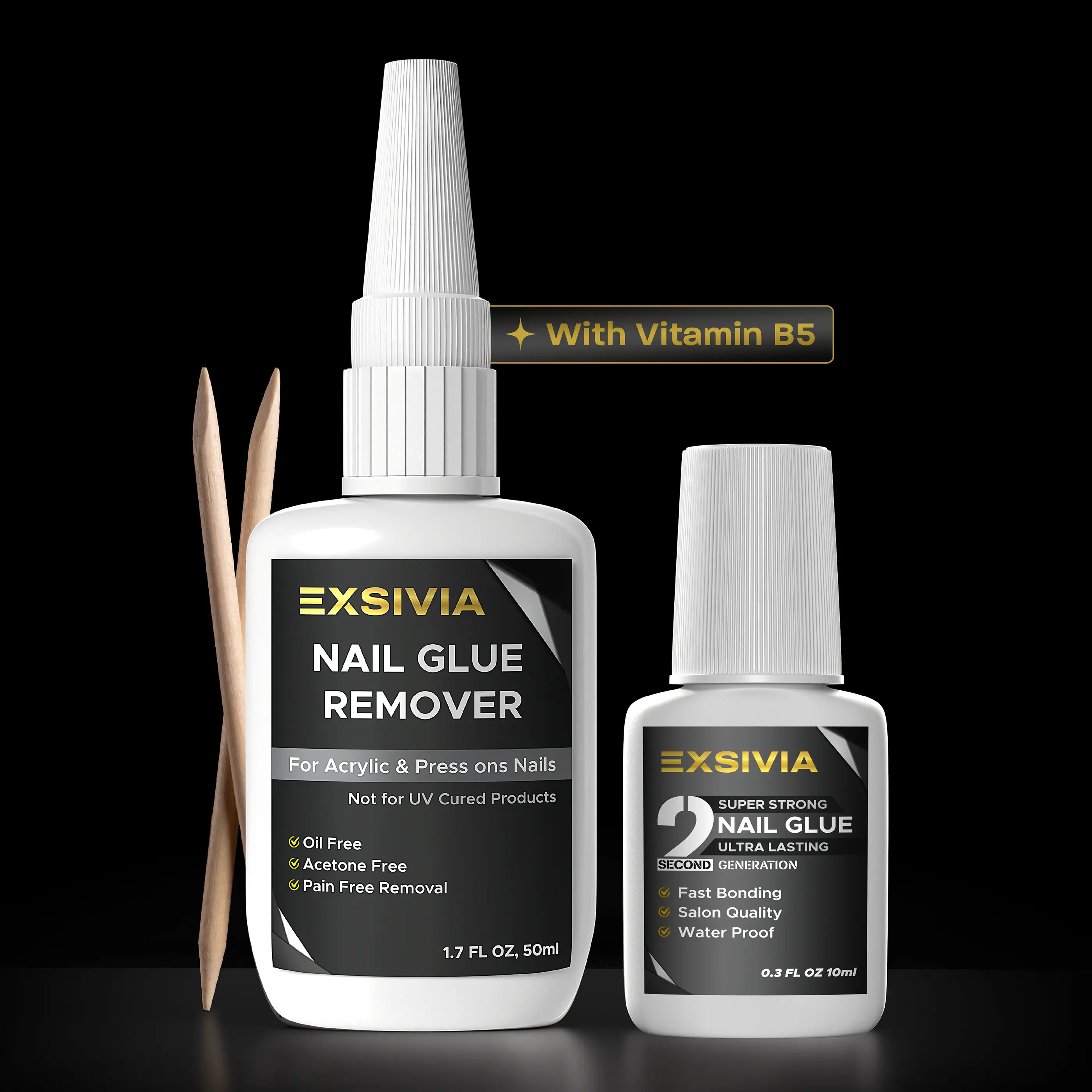 EXSIVIA Nail Glue & Remover Kit, 10mL Brush-On Strong Hold Nail Glue + 50mL Acetone-Free Remover