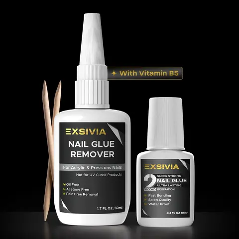 EXSIVIA Nail Glue & Remover Kit, 10mL Brush-On Strong Hold Nail Glue + 50mL Acetone-Free Remover