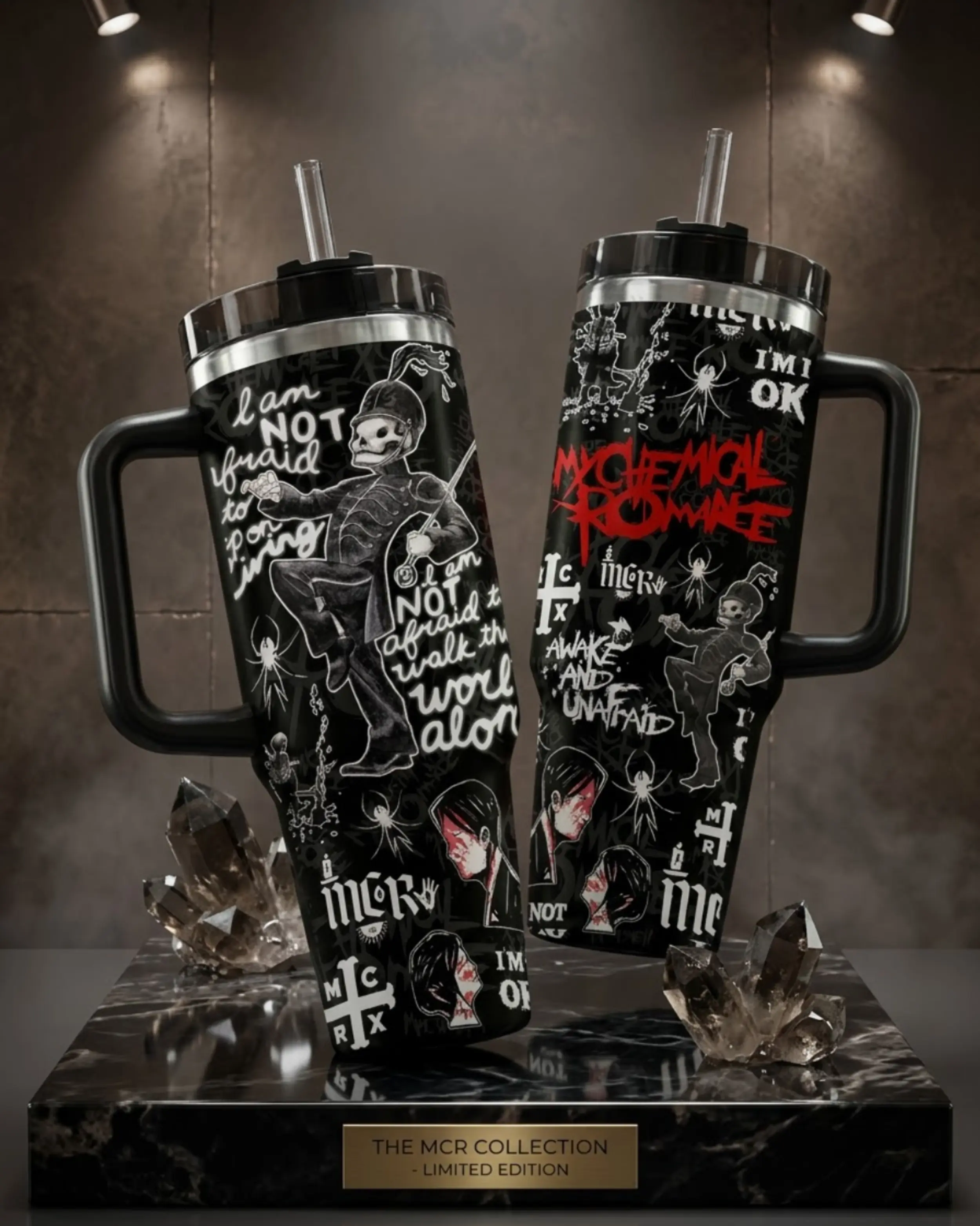 40oz Printed Insulated Portable Stainless Steel Marching Skeleton Tumbler, Gothic Band-Inspired Travel Mug with Handle & Lid, Alternative Music Fan Cup (Straw Not Included), Insulation