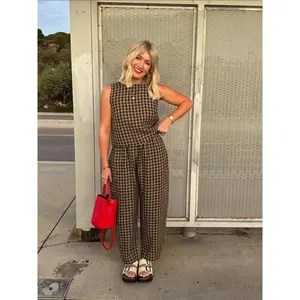 Two-piece Set Women's Gingham Print Tank Top & Wide Leg Pants, Casual Fashion Cozy Outfits for Daily Outdoor Wear, Women Clothes for Spring Fall