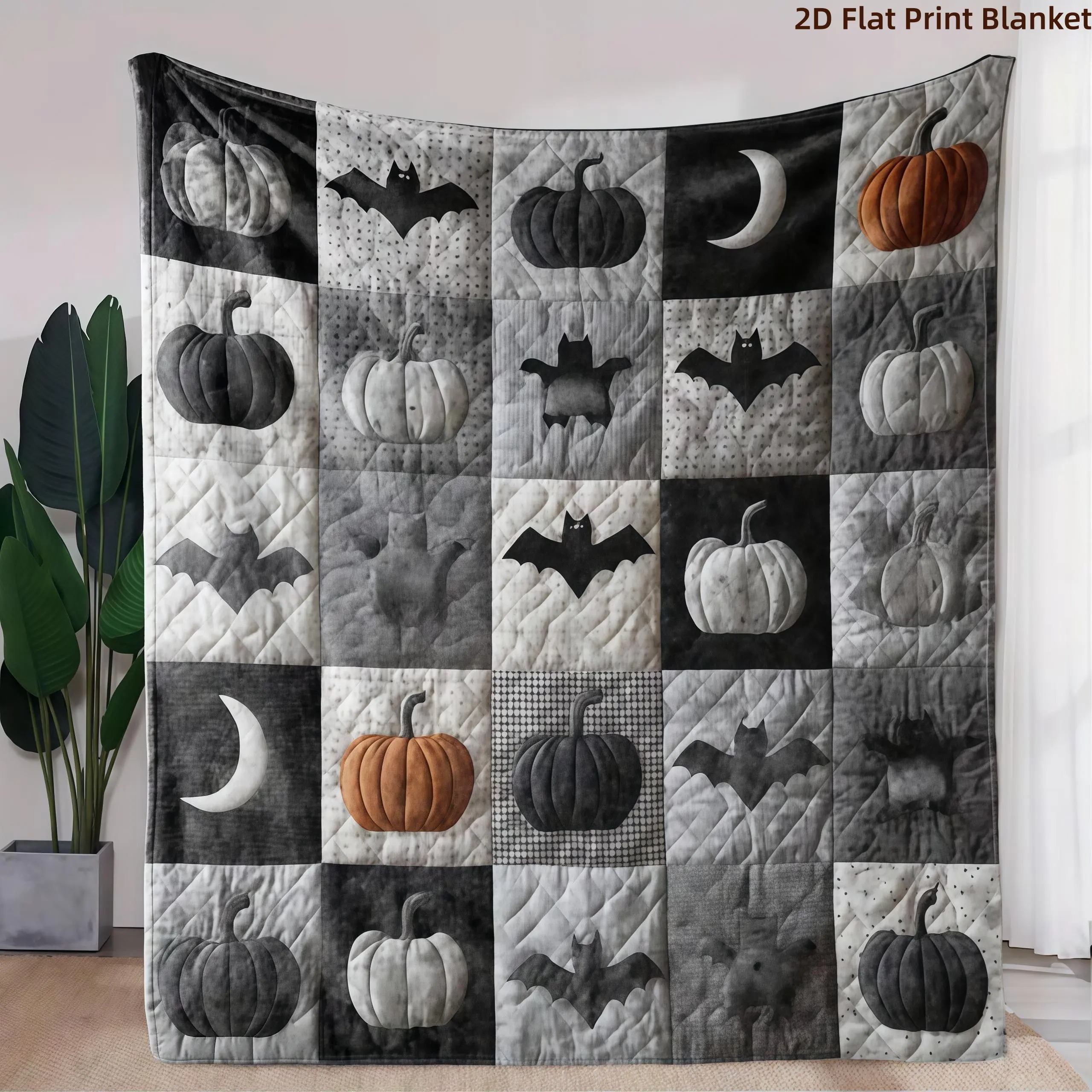 Halloween Pumpkin Bat Moon Patchwork-style Print  Blanket Soft Warm Throw Plush Blanket Neutral Minimalist Vintage Halloween Farm Aesthetic Bedroom Couch Nap Blanket Giftable Muted Tone Fall Halloween Decor Blanket For Room Party Day Gift