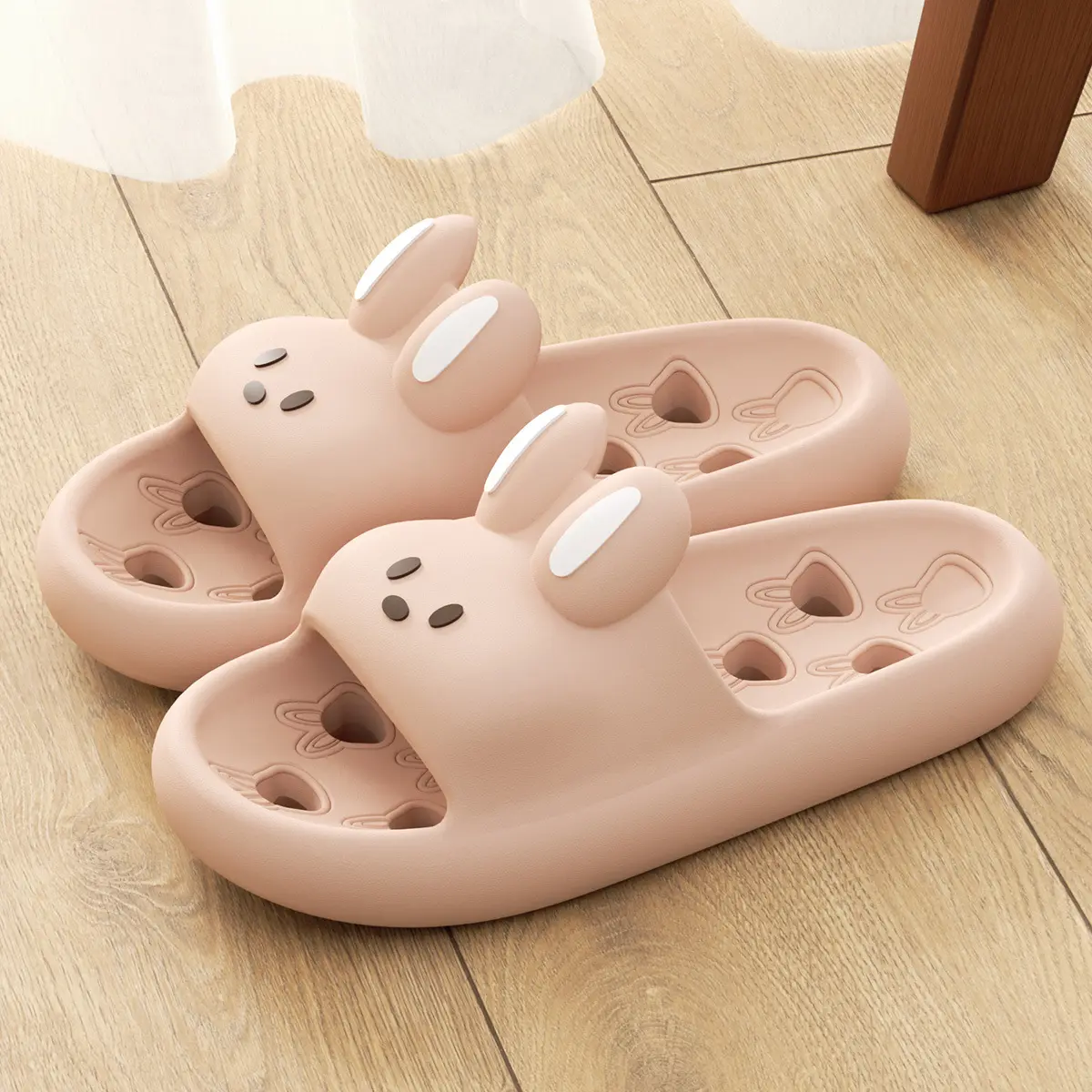 Unisex Cute Bunny Leaky Shower Slippers, Quick Drain Non-Slip Pillow Soft EVA Bathroom Slides, Cartoon Indoor Outdoor House Slippers for Women Men Summer All-Season Wear